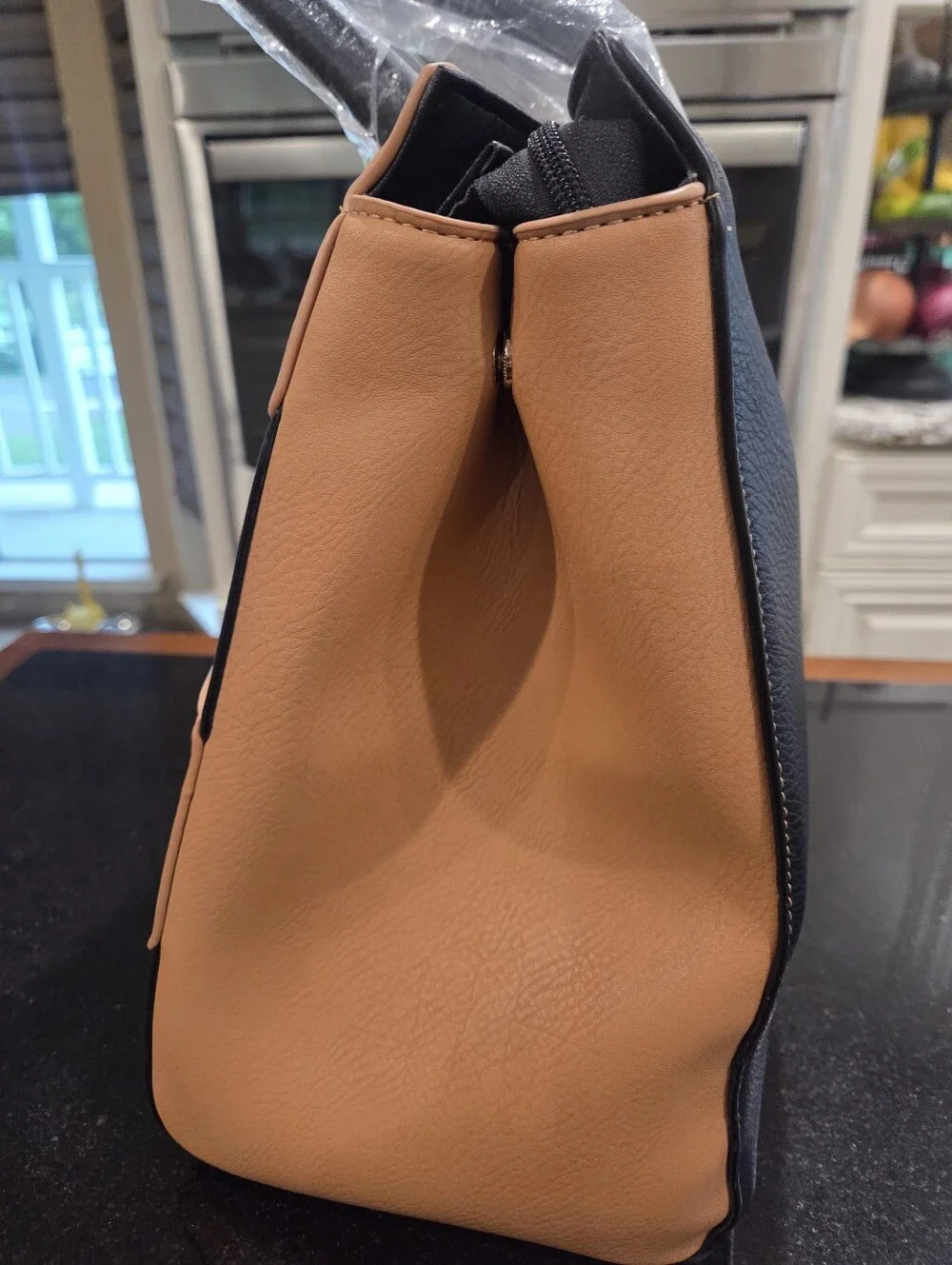 Black & Tan Color Block Tote, Large Structured Travel Work Shoulder Bag
